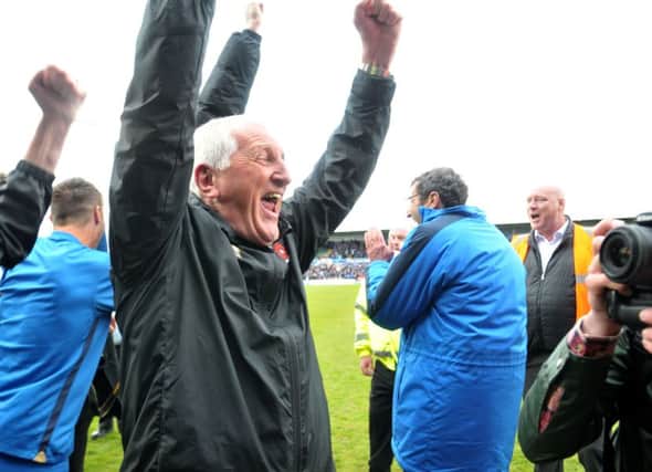 Hartlepool United manager Ronnie Moore celebrating the great escape after the 2-1 win over Exeter last season. Picture by FRANK REID