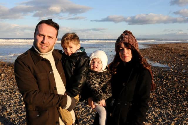 From left to right, Jamie, Theo James, Pearl Isabella and Hannah Joy Picken close to where they threw their message in a bottle into the North Sea.