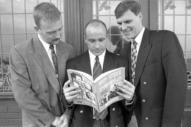 Hartlepool United stars Rob McKinnon, Brian Honour and Paul Baker are pictured at the launch of Up The Pools - a book written by Mail journalists after the 1991 promotion.