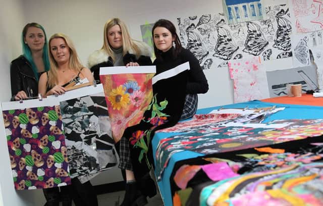 CCAD degree students Jess Breckill, Adele Catchpole, Ruth Envy and Kelly Peters with their designs which were exhibited at the Premiere Visions design show