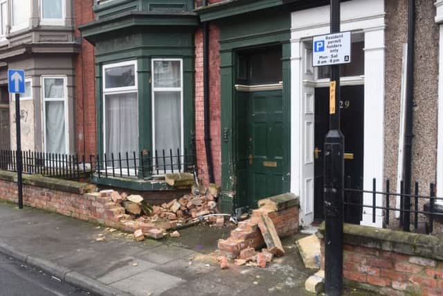 The property damaged by a car in Thornton Street, Hartlepool, today.