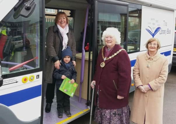 West View Primary School nursery pupil Noah Dowson (aged 4), checks out the new Library Bus, with (left to right) Heather Bellwood, the Councils Childrens and Outreach Librarian, the Mayor of Hartlepool Councillor Mary Fleet and the Mayoress Councillor Sheila Griffin.
