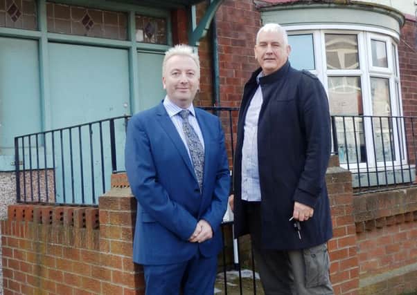 Pictured outside the former Andersons bakery in

Ashgrove Avenue are Councillor Christopher Akers-Belcher (left) and 

Councillor Kevin Cranney.