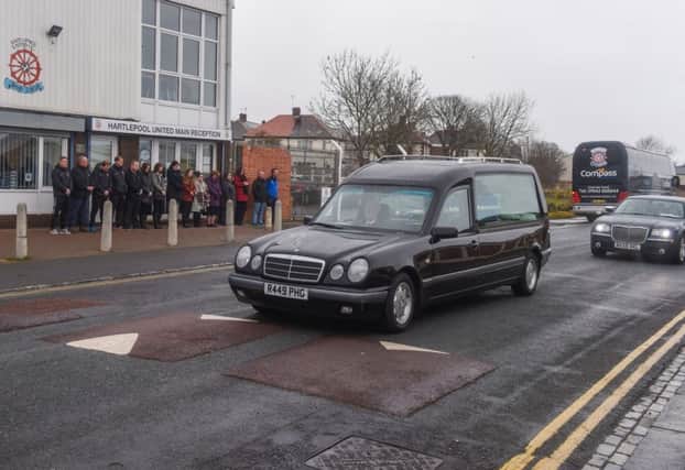The funeral of Hartlepool fan passing Hartlepool United's ground this morning.