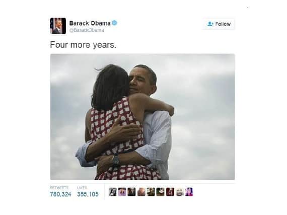 Barack Obama announces his win via Twitter.