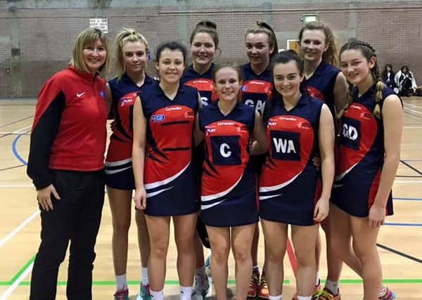 The English Colleges netball squad, with Libby Dunning, front left, and Shaunagh Foreman (GD), on the right.
