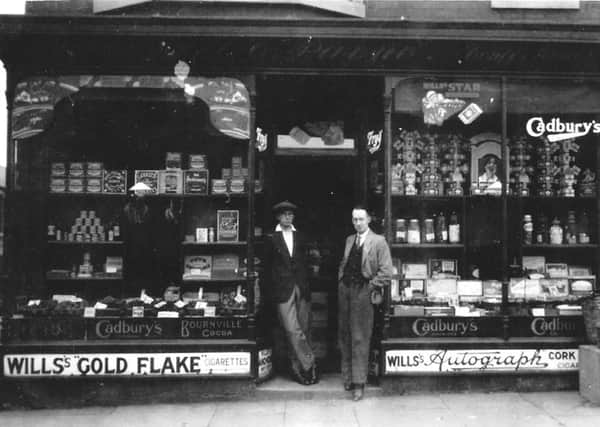 Two of Joan's relatives - Uncle Howard and Uncle Eddie - outside the shop of Grandad Payne in Elwick Road, West Hartlepool.