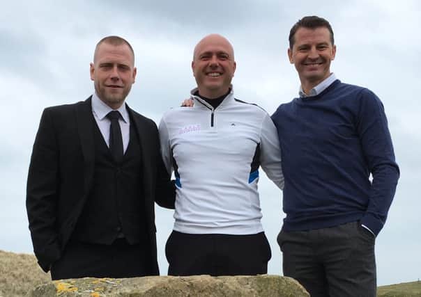 Graeme Storm, centre, at Hartlepool Golf Club with Dyke Houses executive principal Andrew Jordon and ex-Pools manager Colin Cooper.