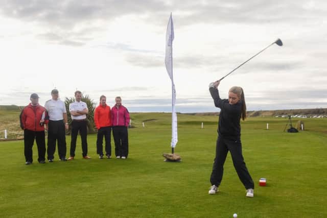 One of the first to tee off in the Graeme Storm Junior Open at Hartlepool Golf Club was Charlotte Preece of Castle Eden Golf Club, watched by l-r Arthur Mullender (starter) Graeme Storm, Colin Cooper whos charity The Finlay Cooper Fund, was being suppported by the event, Tilly Burton and Abbi Wheatley