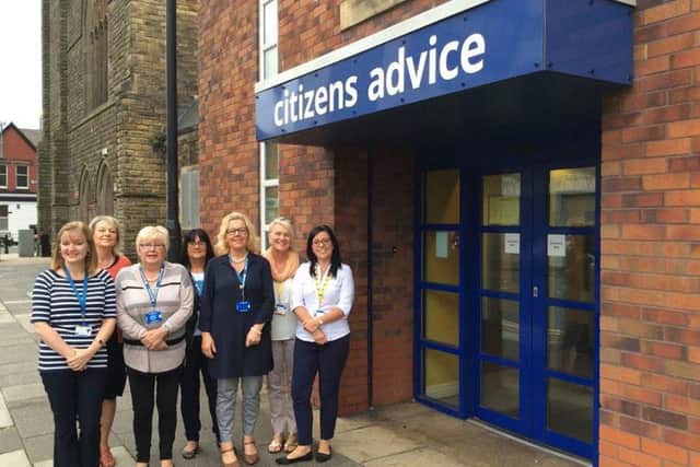 Hartlepool Citizens Advice staff, from left, Jill Hutton, Angie Brough, Janet Noble, Julie Pennick, Julie Lloyd, Beverley Goodwin and Ann Brown, outside the Park Road offices.