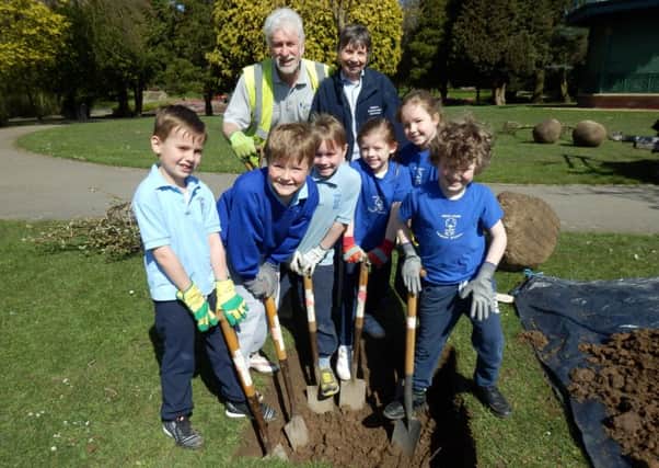 Pupils and volunteers plant the trees.