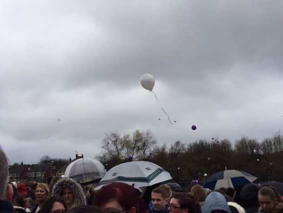 Balloons are released at Barnard Grove Primary School in Hartlepool in memory of Morgan Christian Lund and Evie-Lily Crompton.