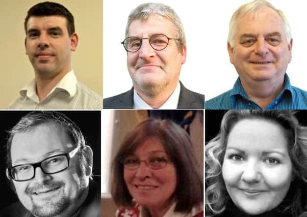 Candidates for the Seaton ward in the local elections. Clockwise, from top left, James Black, Martin Dunbar, Philip Lindley, Sue Little, Iris Ryder, Mike Young.