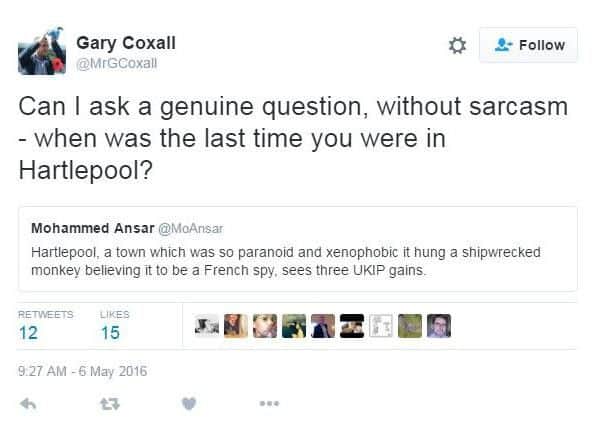 Gary Coxhall asks Mo Ansar when he last visited Hartlepool - he replied to say he'd never visited.