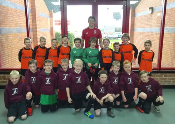Clavering and West View pupils at the event with Middlesbrough player George Friend