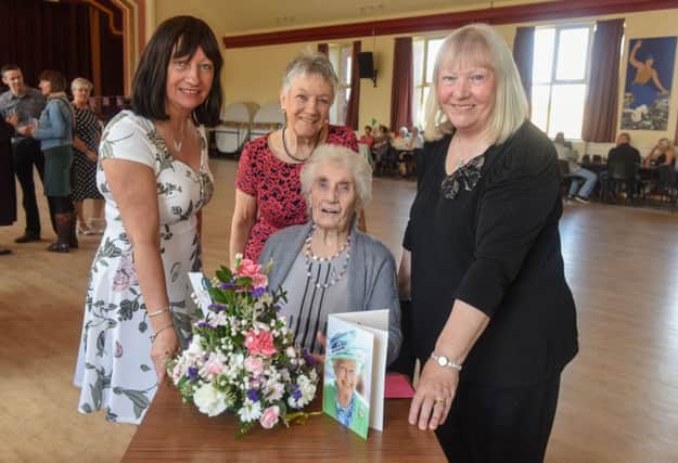 Celebrating her 100th birthday at a family party at Easington Welfare Hall on Saturday was Eleanor Rowland, pictured here with daughters Dawn Brown, Audrey Cleary and Carol Kyle.