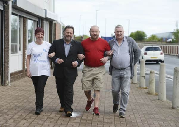 Hartlepool United chairman Russ Green with Kevin Hill, Michael Day and Michelle Shield at the launch of the Walk for Women sponsorship deal.