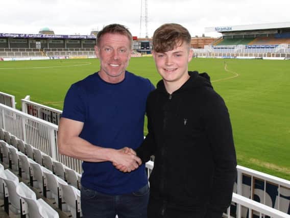 Craig Hignett with new signing James Martin. Picture supplied by Hartlepool United