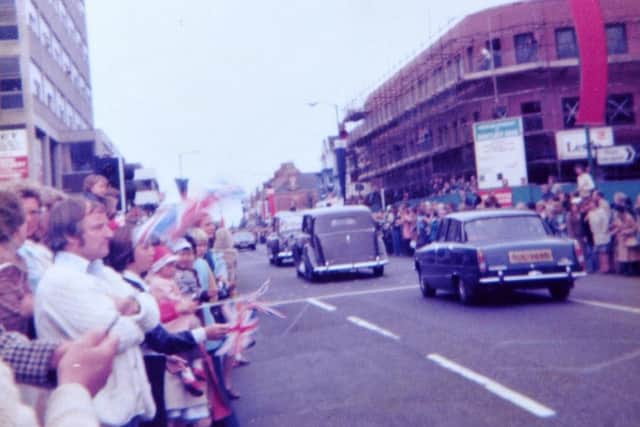 The Queen's car (middle) driving along York Road during her 1970s visit to Hartlepool. Photograph by FRANK REID