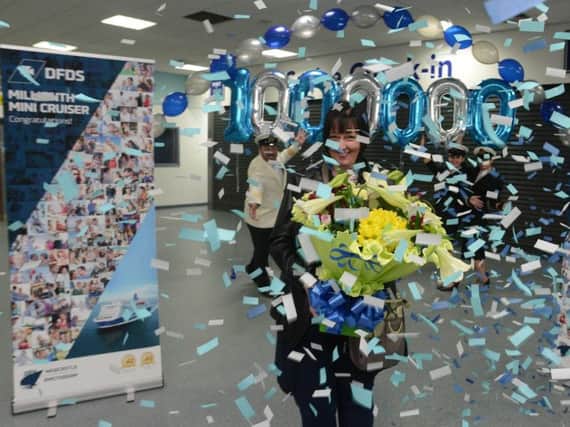 Jeanette Morgan celebrates becoming DFDS' Millionth Mini Cruise passenger