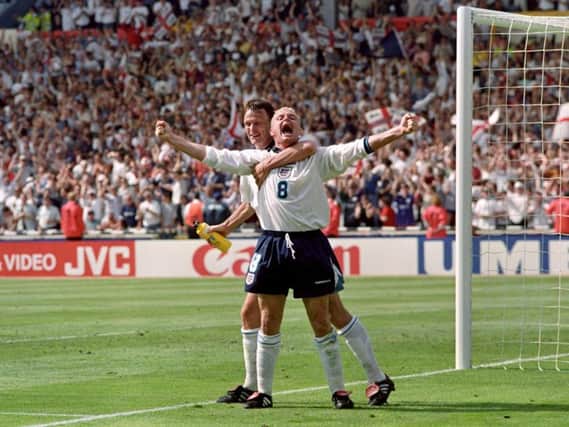 Paul Gascoigne celebrates his wonder-goal against Scotland at Euro 96. Pic: PA.