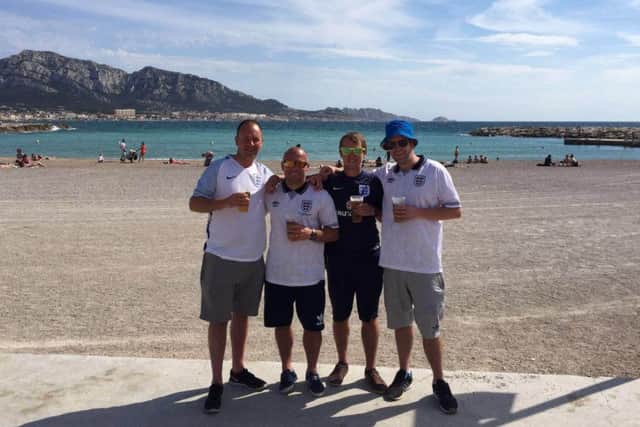England fans from left; Ian Hendry, Richard Boddy, Danny Sanderson and Andrew Sanderson in Marseille
