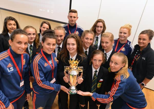 Sunderland AFC Ladies visit St Bedes Catholic Comprehensive cup winners.
Players from left Lucy Staniforth, Brooke Chaplen, team captain Jasmine McQuade and Bet Meades