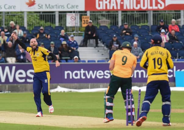 Durham's Chris Rushworth celebrates bowling Notts opener Riki Wessels fot 10 runs at The Emirates Riverside yesterday. Picture by Kevin Brady