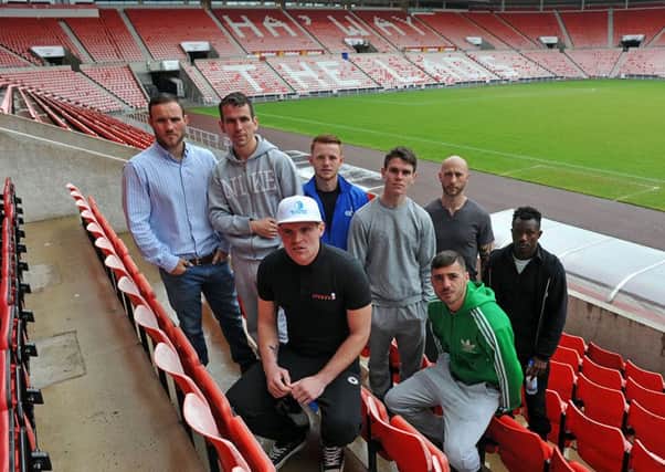 Boxers (rear left to right) Glenn Foot, Martin Ward, Jay Hughes, Tommy Ward, James Barnes and Thomas Essomba with (front left to right) Danny Wall and Lewis Ritson during the Summer Rumble photo call at the Stadium of Light. Photograph by FRANK REID