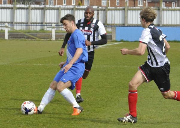 Michael Duckworth in action during his comeback from injury for Hartlepool United Reserves against Grimsby Town at Billingham Town. 
Picture by Jane Coltman