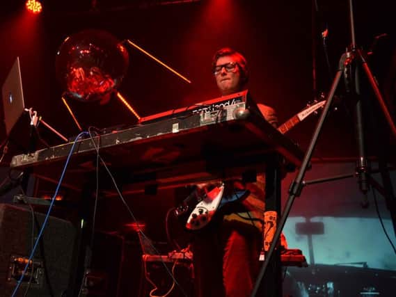 Public Service Broadcasting main man J. Willgoose Esq. in action at the Riverside in Newcastle. Pic: Gary Welford.