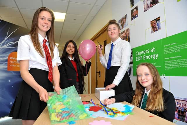 (let to right) Molly Marshall (English Martyrs School), Esha Ashraf (Dame Allan's School), Lucy Grazler (St. Hilds School) and Abbie Waggett (Manor Academy) as the take part in the Pretty Curious event held at Hartlepool Power Station. Photograph by FRANK REID
