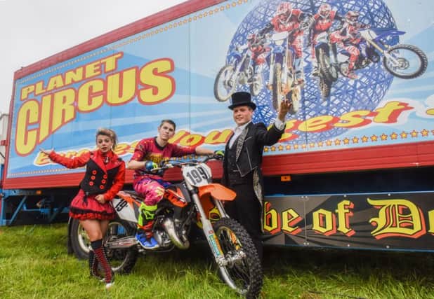 The Planet Circus at Temple Park Centre, South Shields - l-r Andrea Delbosq, Peter Pavlov and Ring Master Paul Martinez