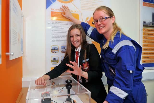 Mari Louise Maley (English Martyrs School) working with power station reactor desk engineer Nicola Hooper as she takes part in the Pretty Curious event  at Hartlepool Power Station.
