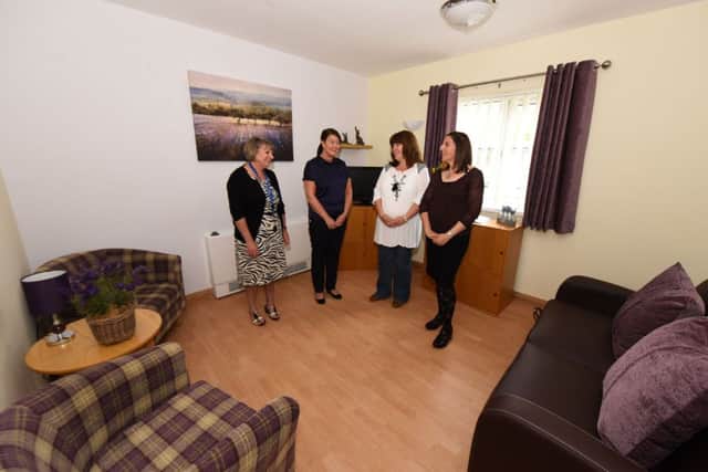 Pictured in one of the rooms refurbished helped by a donation from Hartlepool Power Station at Hartlepool & District Hospice are l-r Carol Sennett corporate fund raiser and Julie Hildreth senior fund raising manager at the Hospice with Louise Corser Hartlepool Power Station Visitor Centre Co-ordinator and Heather Barton continious improvement  manager at the Power Station.