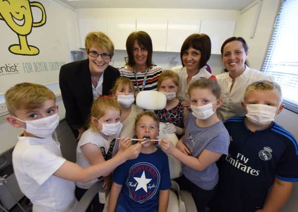 Pupils at Kingsley Primary School, Hartlepool, in the MyDentist mobile dental classroom which visited the school