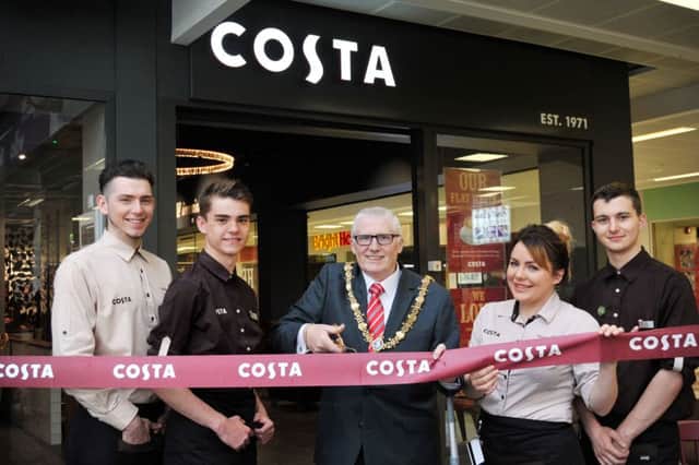 Middleton Grange shopping centre Costa coffee shop offficially opened by the Mayor of Hartlepool Councillor Rob Cook with Costa shop staff (left to right) Karl Warren, Adam Campbell, manager Jolito Brown and Dan Malton.