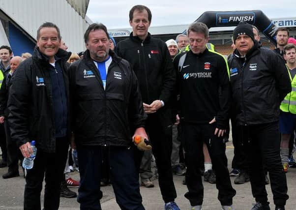 All star cast at the start of the Men United March as (left to right) Jeff Stelling, Russ Green, Alastair Campbell, Craig Hignett and Ray Wilkins prepare to start walking . Picture by FRANK REID