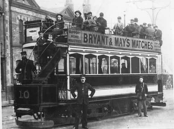 Tramcar number 10 of the General Electric Tramways Co, West Hartlepool, at the top of Church Street in 189. The driver is Mr Magnus Stove.