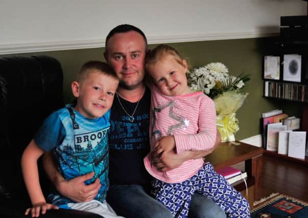 Paul Field's partner Kelly Duncan passed away on Friday after an epileptic fit. Paul was working away at the time and got a phone call from his eigh-year-old son, Alex to say Kelly had had a fit and wasn't moving. The family are from North Avenue, Hartlepool. 
Paul Field, Alex Field, and Maisie Field.
