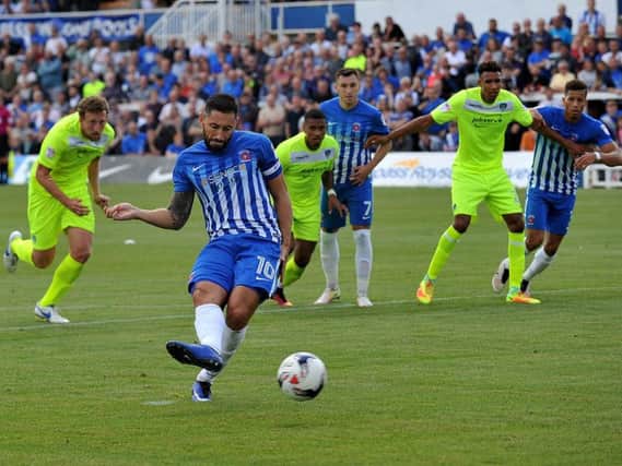 Never misses from the spot: Billy Paynter equalises for Pools. Picture by FRANK REID