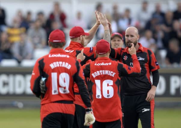 Durham Jets celebrate Chris Rushworth taking the wicket of Yorkshire's Adam Lyth in T20 action this summer