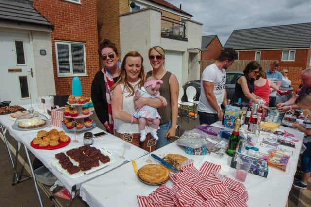 Connie Young with mum Helen Dawson and their street party organisers Lizzy Newton (left) and Rebecca Stockdale, who made the cakes, all in aid of the Childen's Trust and Ward 9 Newcastle RVI, in Celandine Gardens, Bishop Cuthbert, Hartlepool, on Saturday