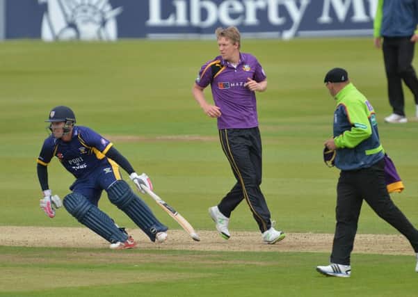 Yorkshire's Steven Patterson watches as Durham's Gordon Muchall scores more runs during the Royal London One Day Cup match at the Emirates Durham ICG, Chester-le-Street. Picture: Anna Gowthorpe