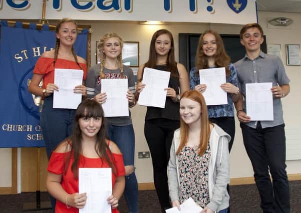 High achieving students at St Hild's School celebrate their GCSE results. Back row, Left to Right: Charlotte King, Tay Temple, Harley McAllister, Kate Elvin, Ben Harrison.
Front row Left to Right: Bethany Hayes, Bethany Scott.