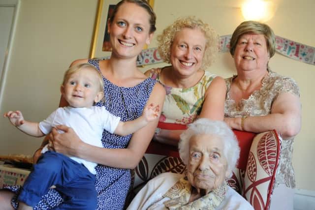 106 year old Irene Wilson celebrates her birthday with five generations of her family, Valerie Stewart, Alison Stewart-Smith, Naomi Lott and Jesse.