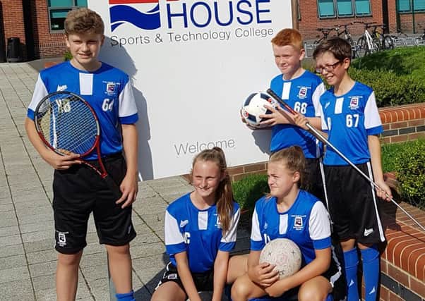 Jamie Brabiner, Poppy Forster, Laura Longstaff, Will Cain and Jack Burton in the Dyke House Sports & Technology Colleges Elite Development Squad kit.