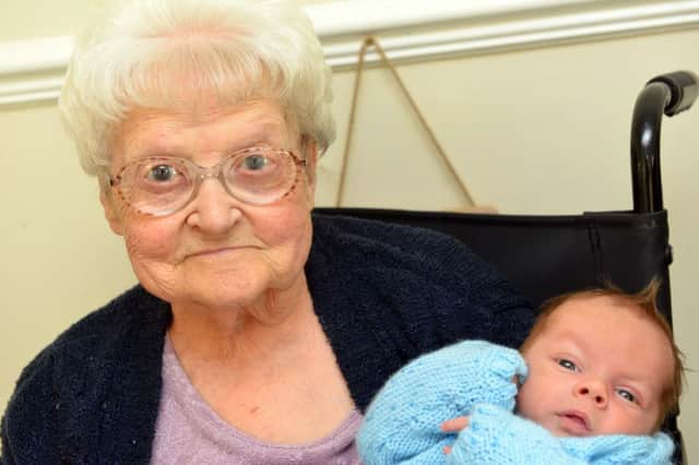 Nancy Smith aged 92 and great great grandson baby Jay Fucile aged 5 weeks.