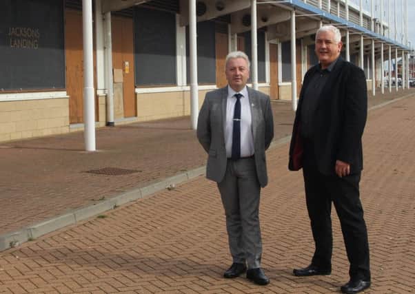 Left-right: Councillor Christopher Akers-Belcher, Leader of Hartlepool Council, with Councillor Kevin Cranney, Deputy Leader and Chair of the Councils Regeneration Services Committee, at Jacksons Landing.