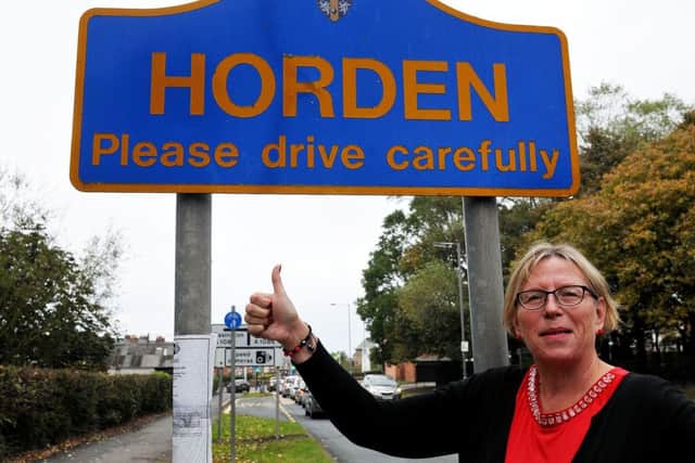 June Clark, Chair of Horden Regeneration Partnership next to the Horden sign. Picture by FRANK REID